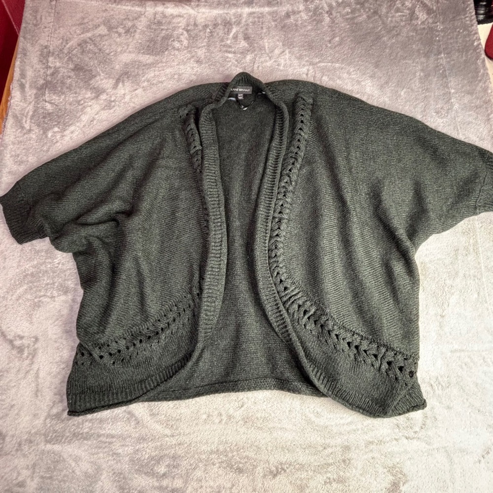 Lane Bryant Cardigan Women 22/24 Green Batwing Open Front Pointelle Knit Sweater
